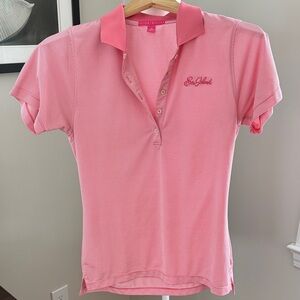 PETER MILLAR Pink/White Stripe 5 Button Down Short Sleeve Top w/Sea Island logo